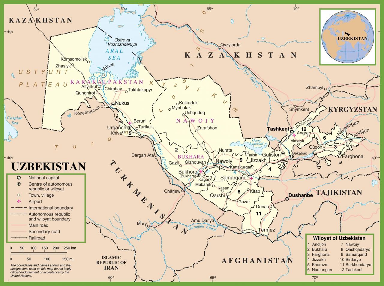 خريطة أوزبكستان باللغة الإنجليزية