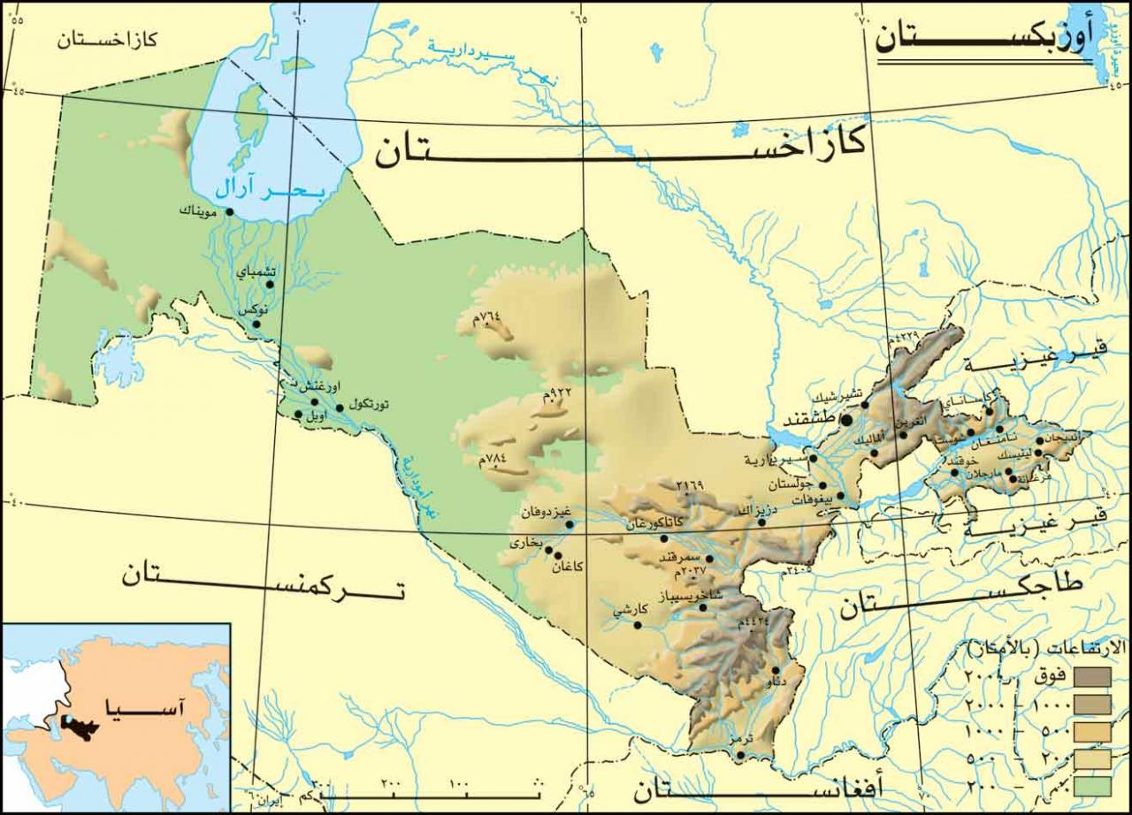 خريطة أوزبكستان الطبيعية