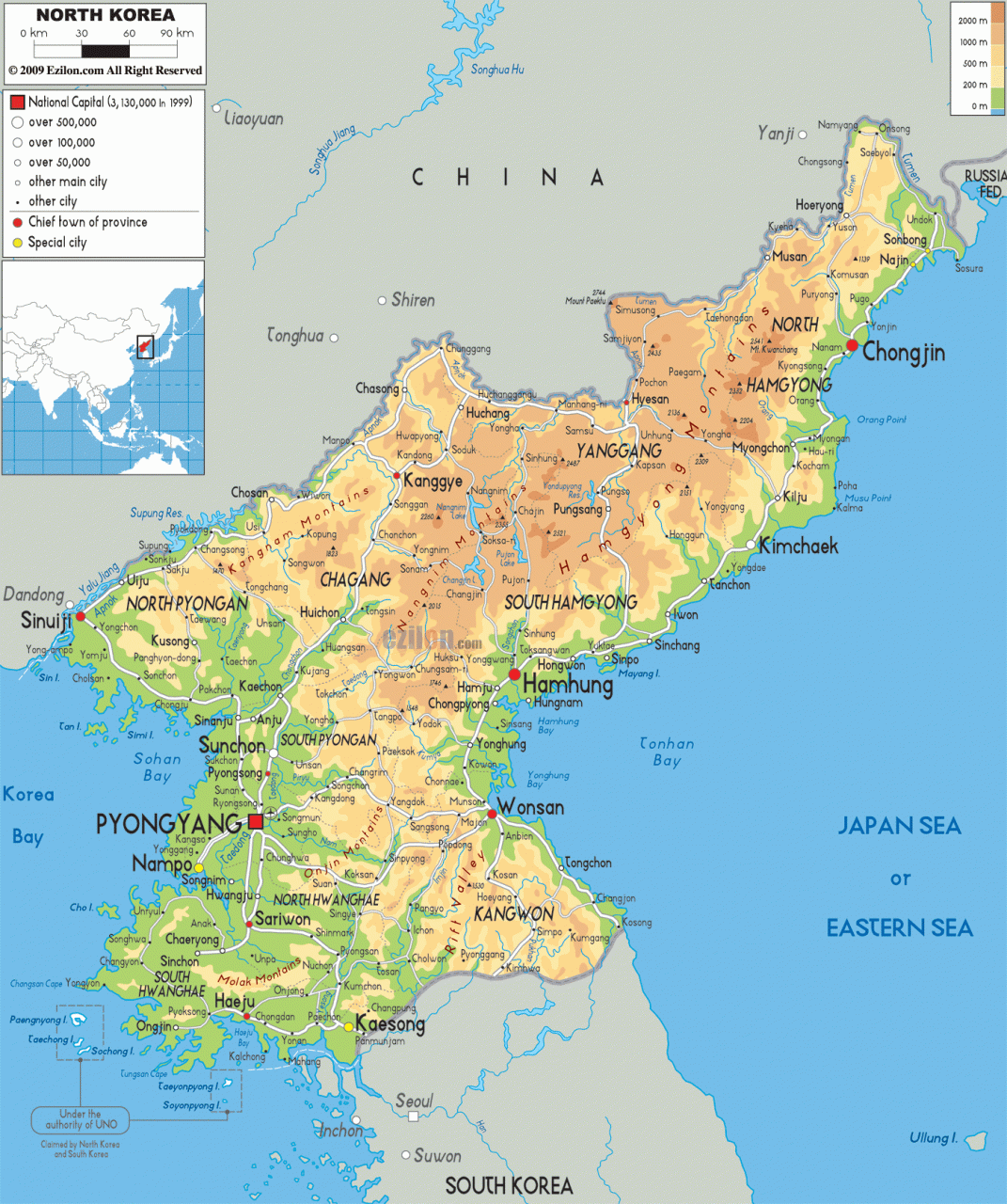 خريطة كوريا الشمالية السُكانية و الطبيعية