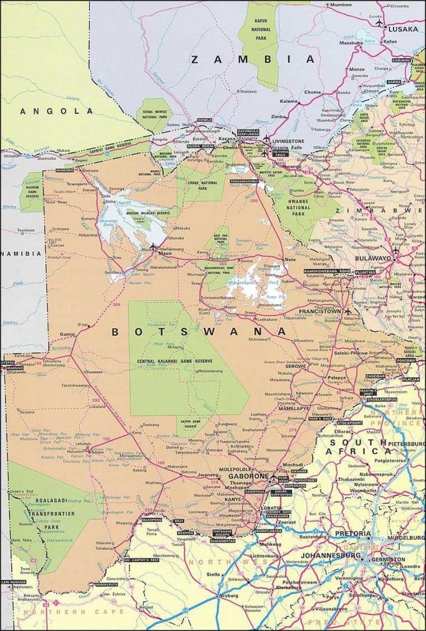 خريطة بوتسوانا الإدارية و الطبيعية